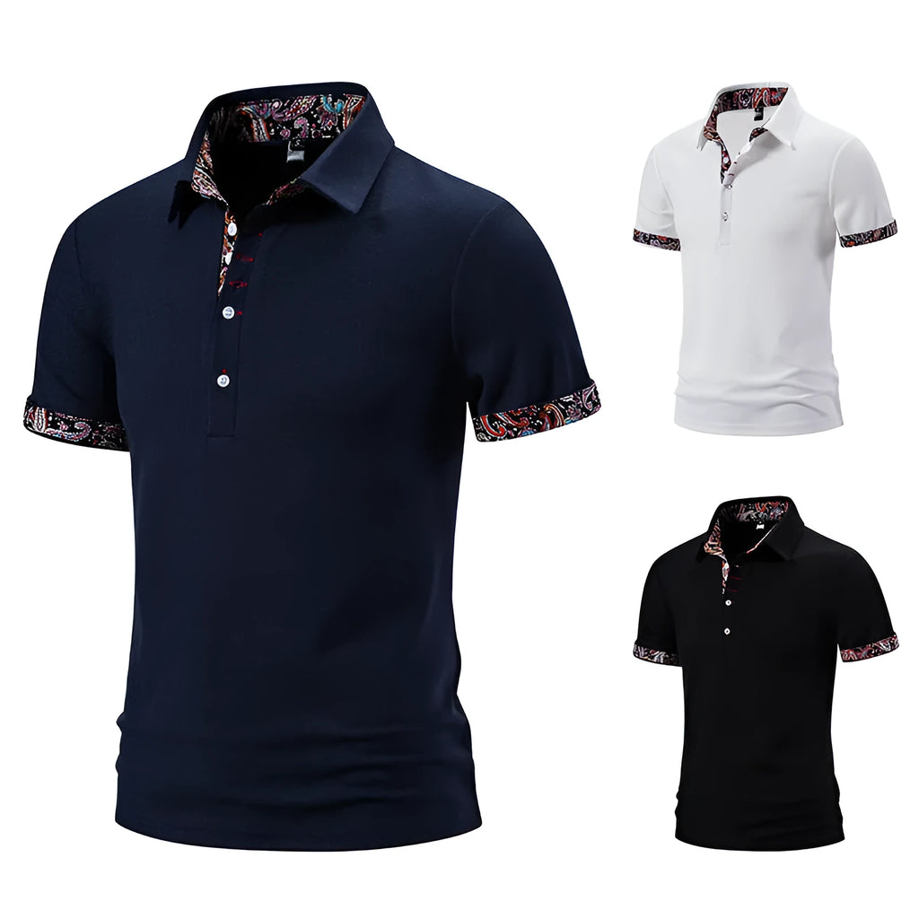Men's white cotton blend polo shirt with turnover collar and colour stitching on short sleeves