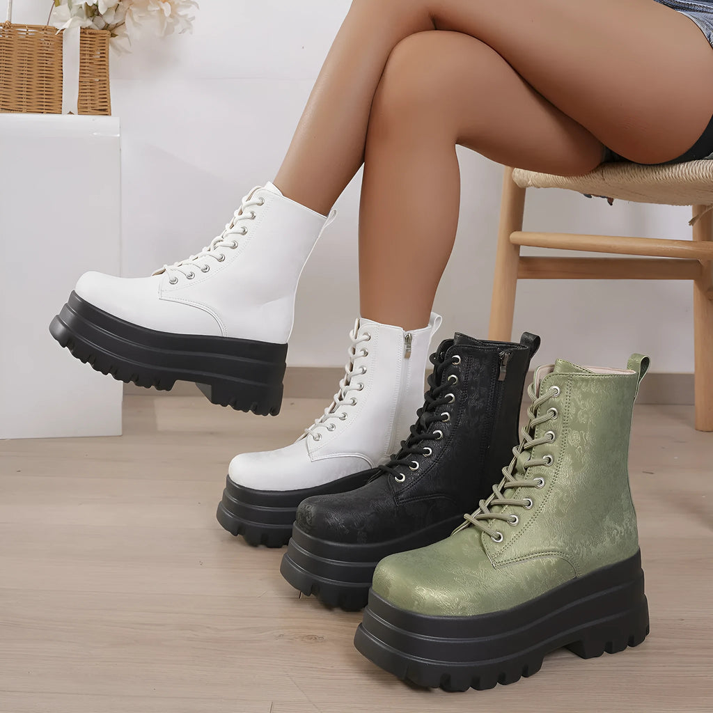 White women's retro mid-calf platform boots with a chunky heel and side zipper.