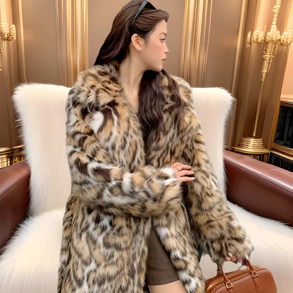 A model wearing a long faux fur coat with a fur collar and pockets.