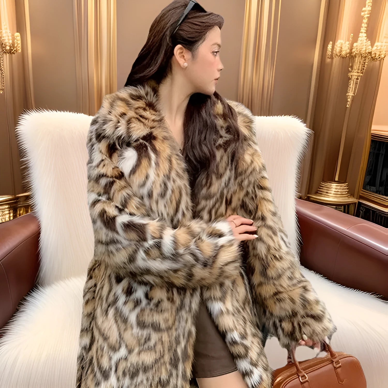 A model wearing a long faux fur coat with a fur collar and pockets.