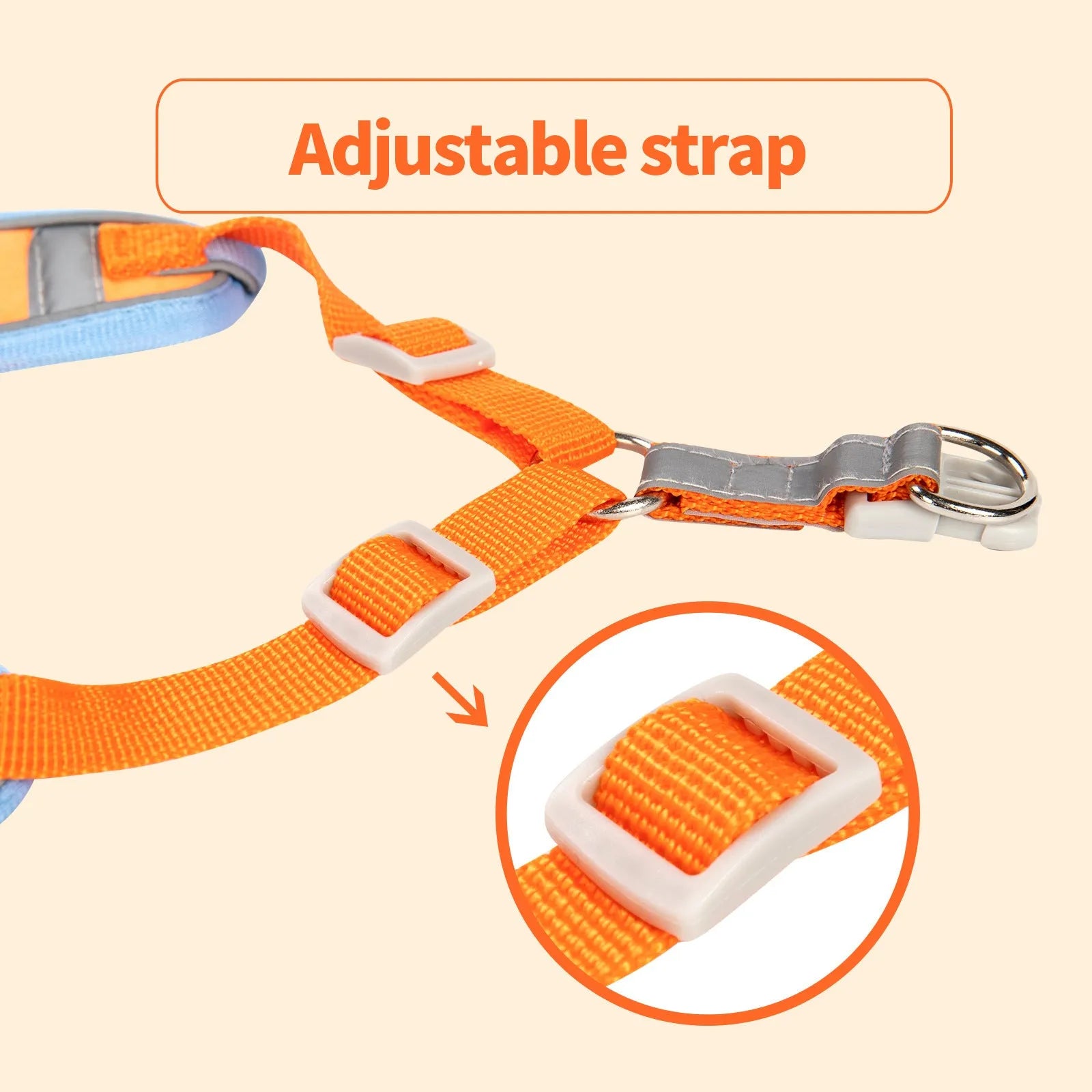 Adjustable dog harness vest with haulage rope in one of six colours: purple, blue, orange, red, brown, or green.