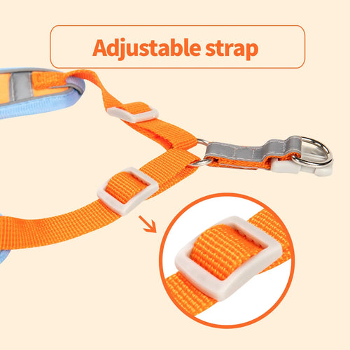 Adjustable dog harness vest with haulage rope in one of six colours: purple, blue, orange, red, brown, or green.