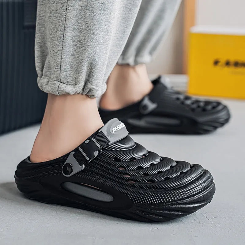 Men's EVA platform slippers in light green with hollow-out design shown from side