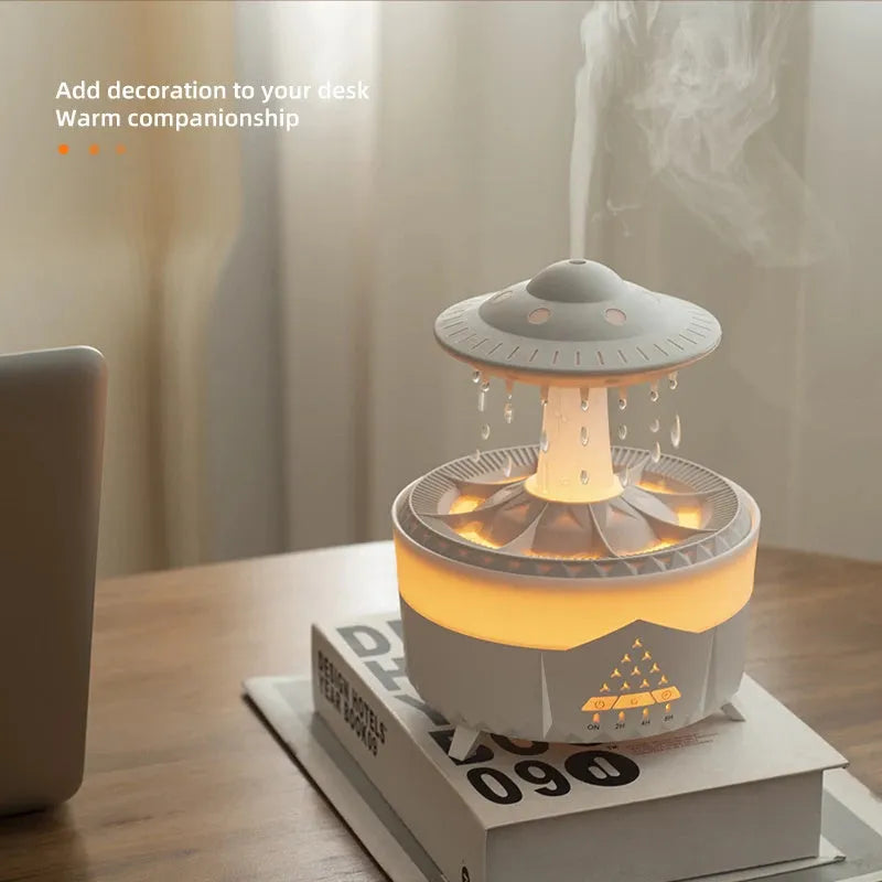 UFO-shaped cloud humidifier with rain drop sound and 7-colour night light