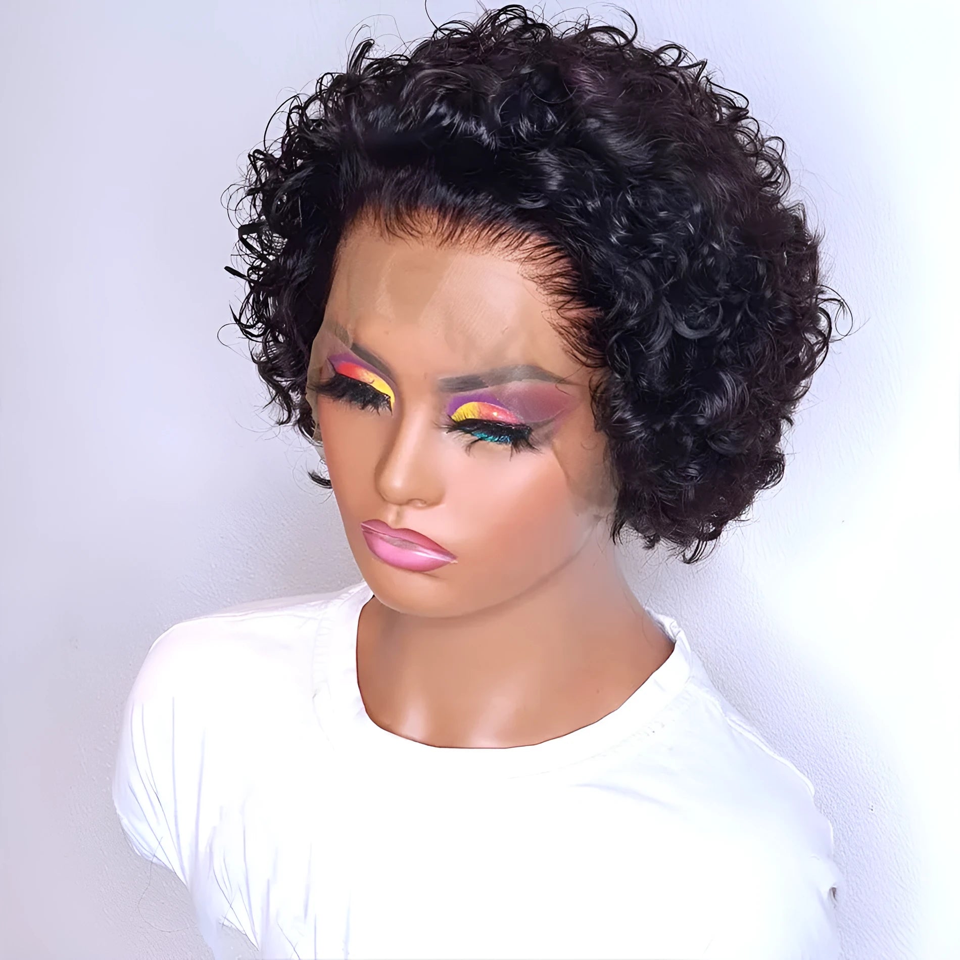 Black lace front human hair cover with pre-plucked hairline in a short pixie cut style.
