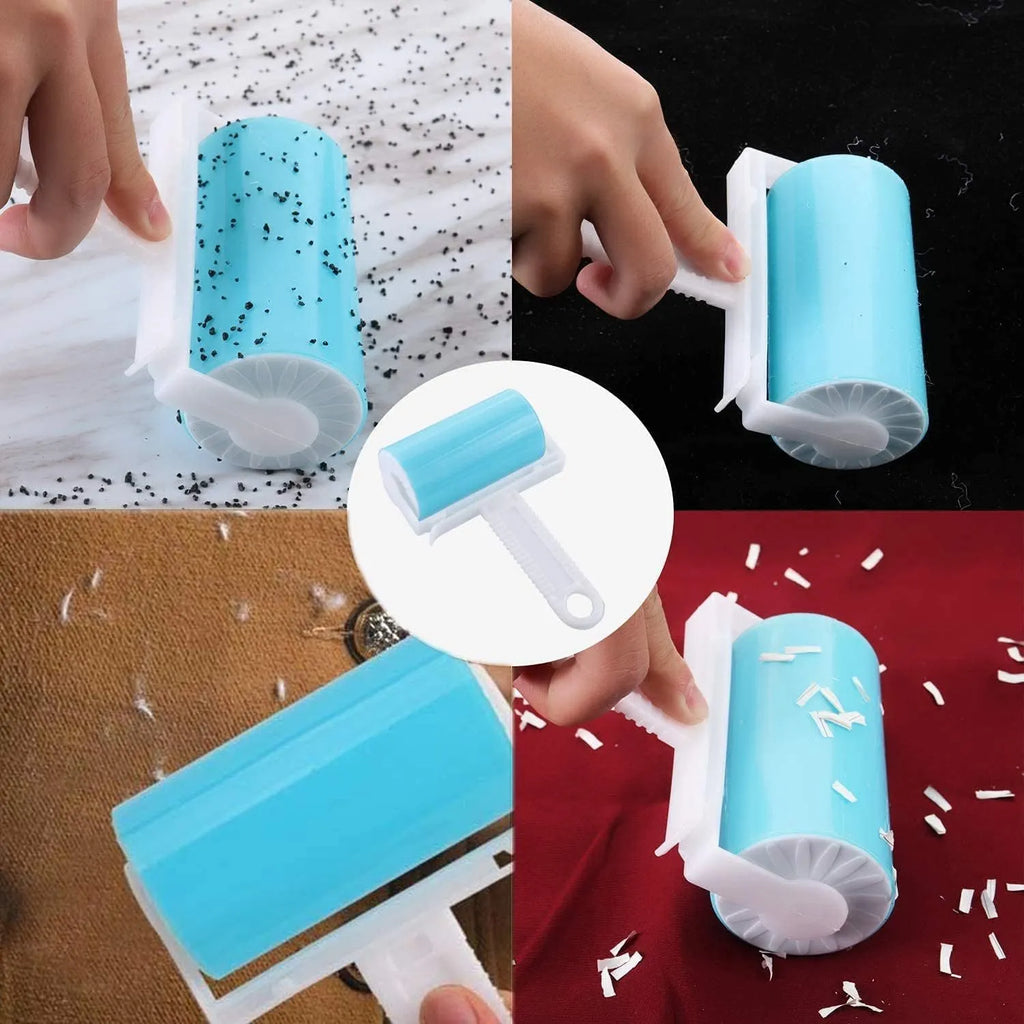 Blue washable reusable lint roller with cover for removing pet hair from clothes and sofas