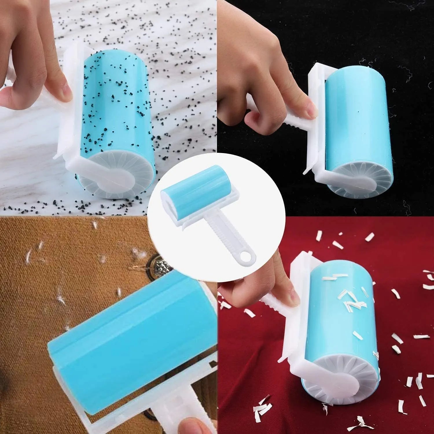 Blue washable reusable lint roller with cover for removing pet hair from clothes and sofas