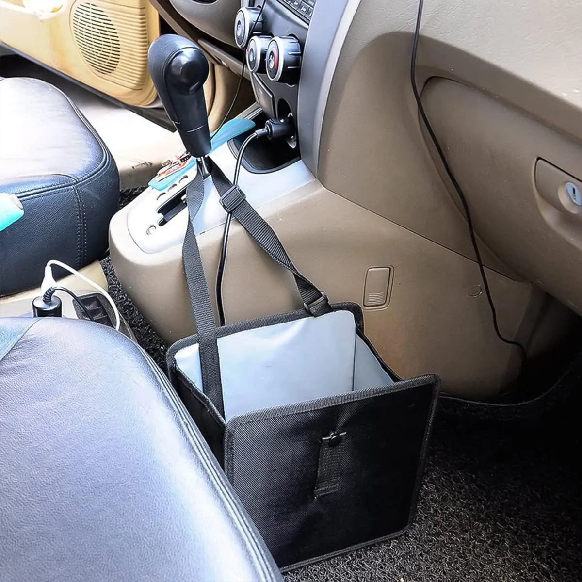 Black foldable car hanging trash can made from Oxford cloth, shown with dimensions.