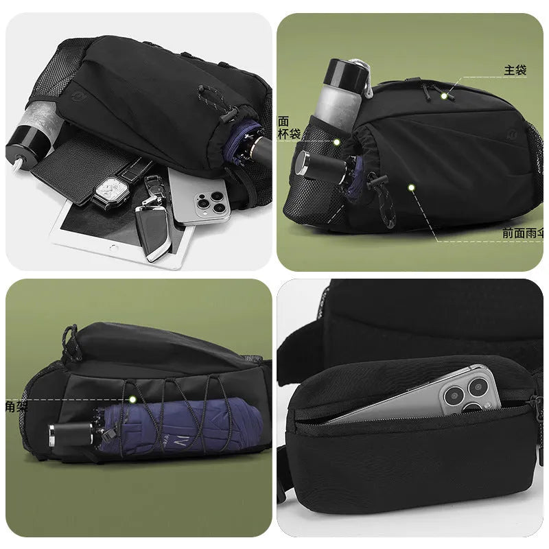 Unisex nylon waist backpack in Army Green colour with adjustable strap for outdoor travel.