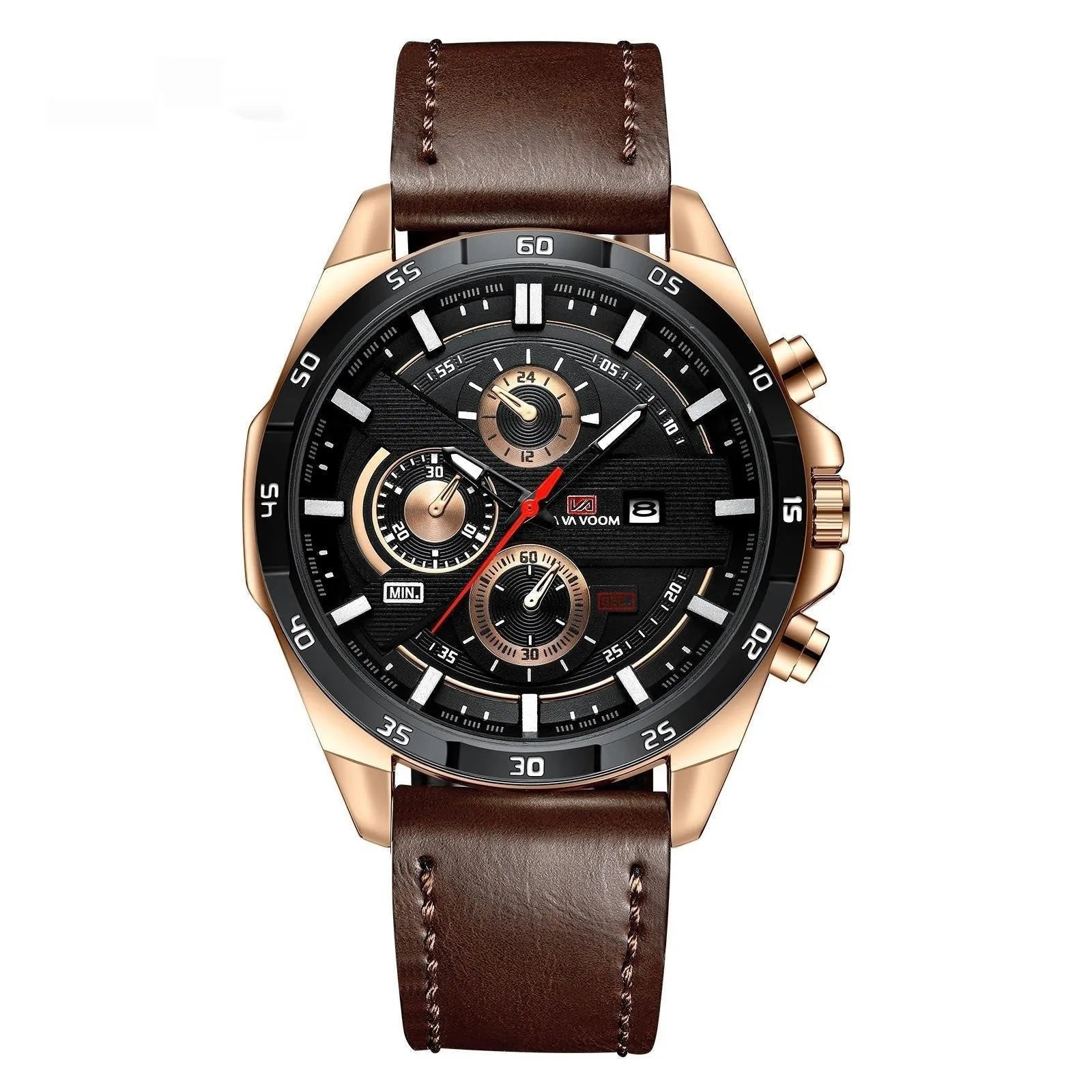 Men's black leather strap watch with rose gold case and calendar window on dial.