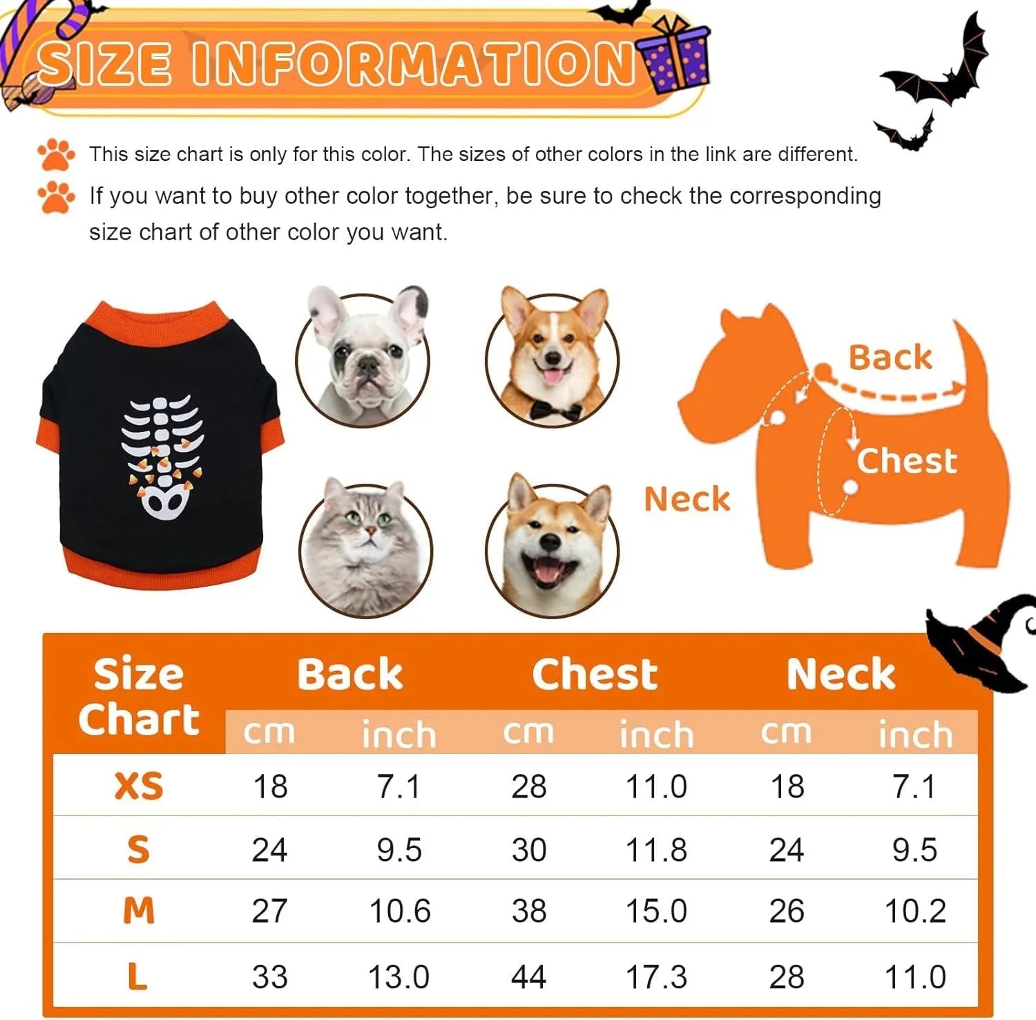 Orange dog sweatshirt with black skeleton print on a small dog, showing ribbed collar and cuffs.
