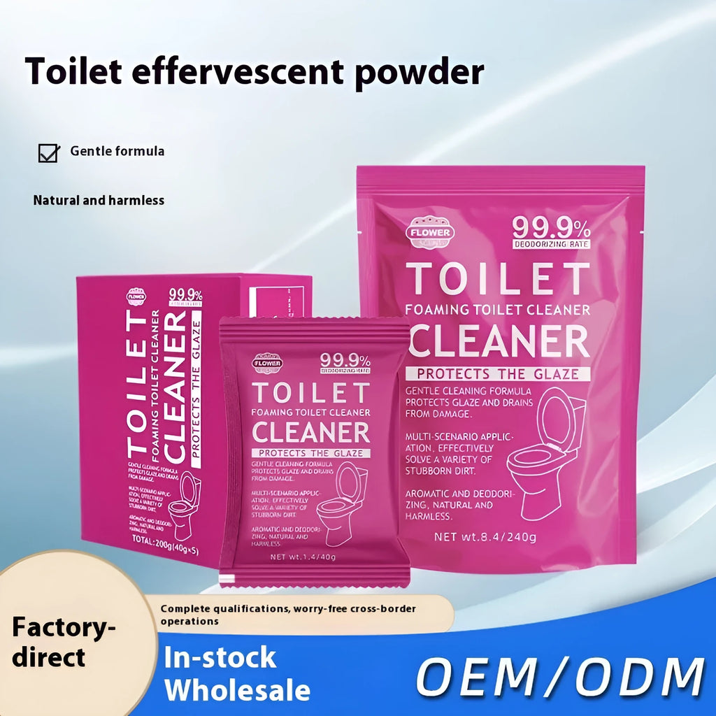 Toilet bubble cleaning powder package in blue or pink fragrance variant, showing 240g bag or box of 5 sachets.