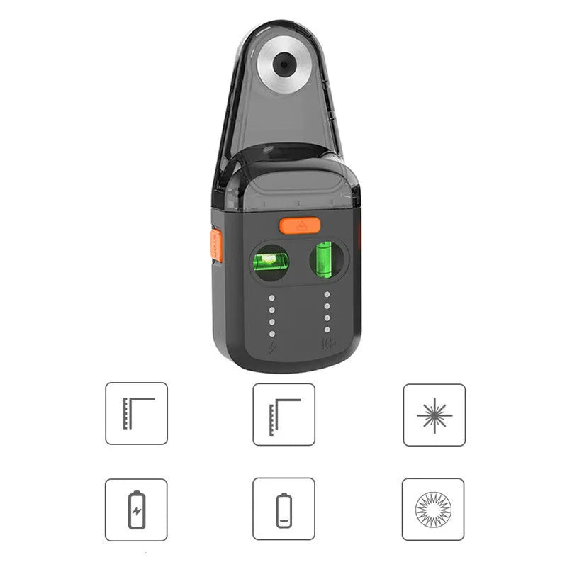 Red laser level with dust collection bracket, showing compact dimensions and built-in rechargeable battery.
