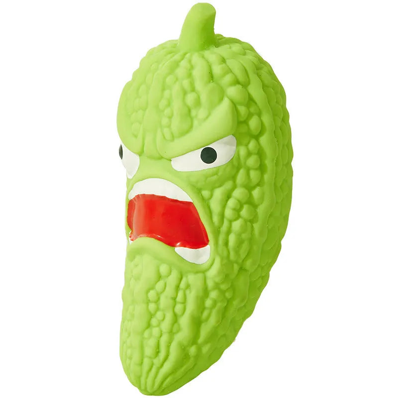 Bitter melon and chili shaped dog toys with textured surfaces for teeth cleaning and built-in sound function