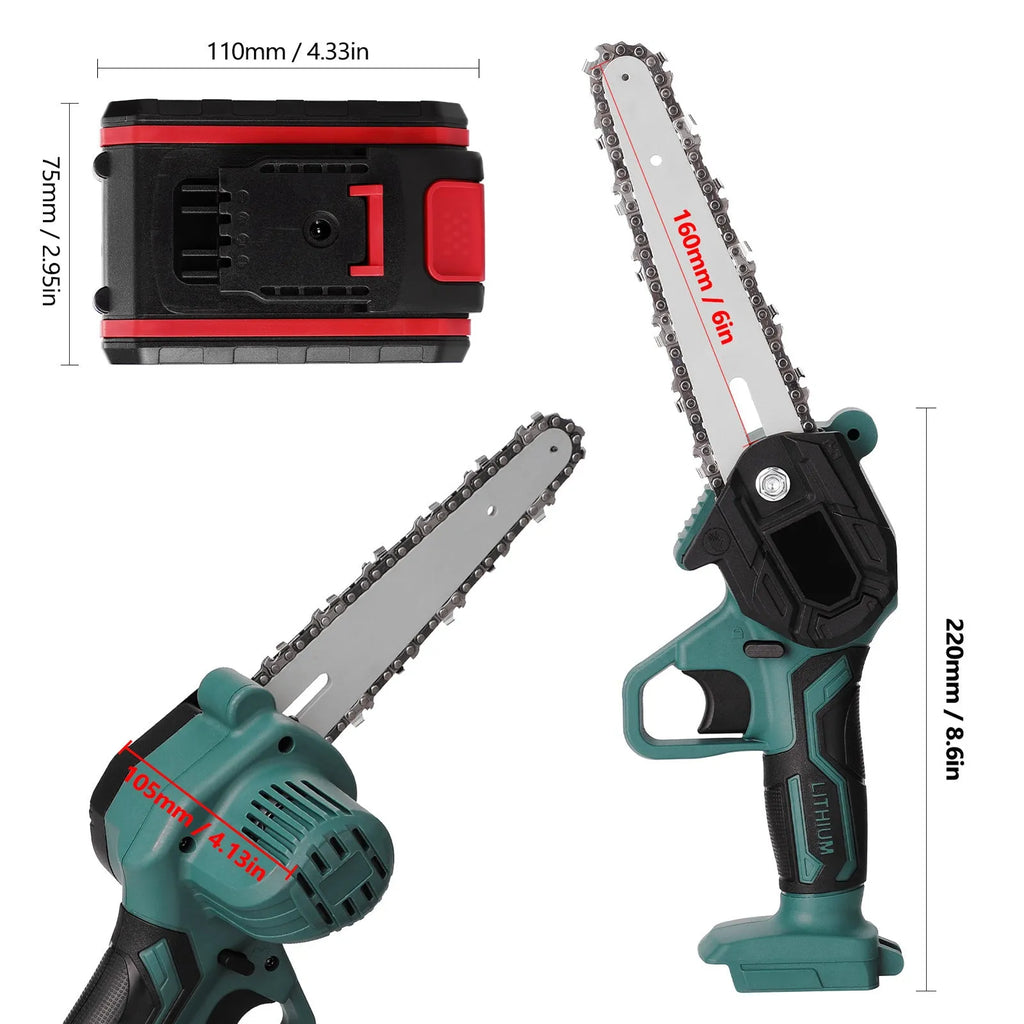 Black one-handed mini electric chainsaw with 4 inch guide bar on a workbench.