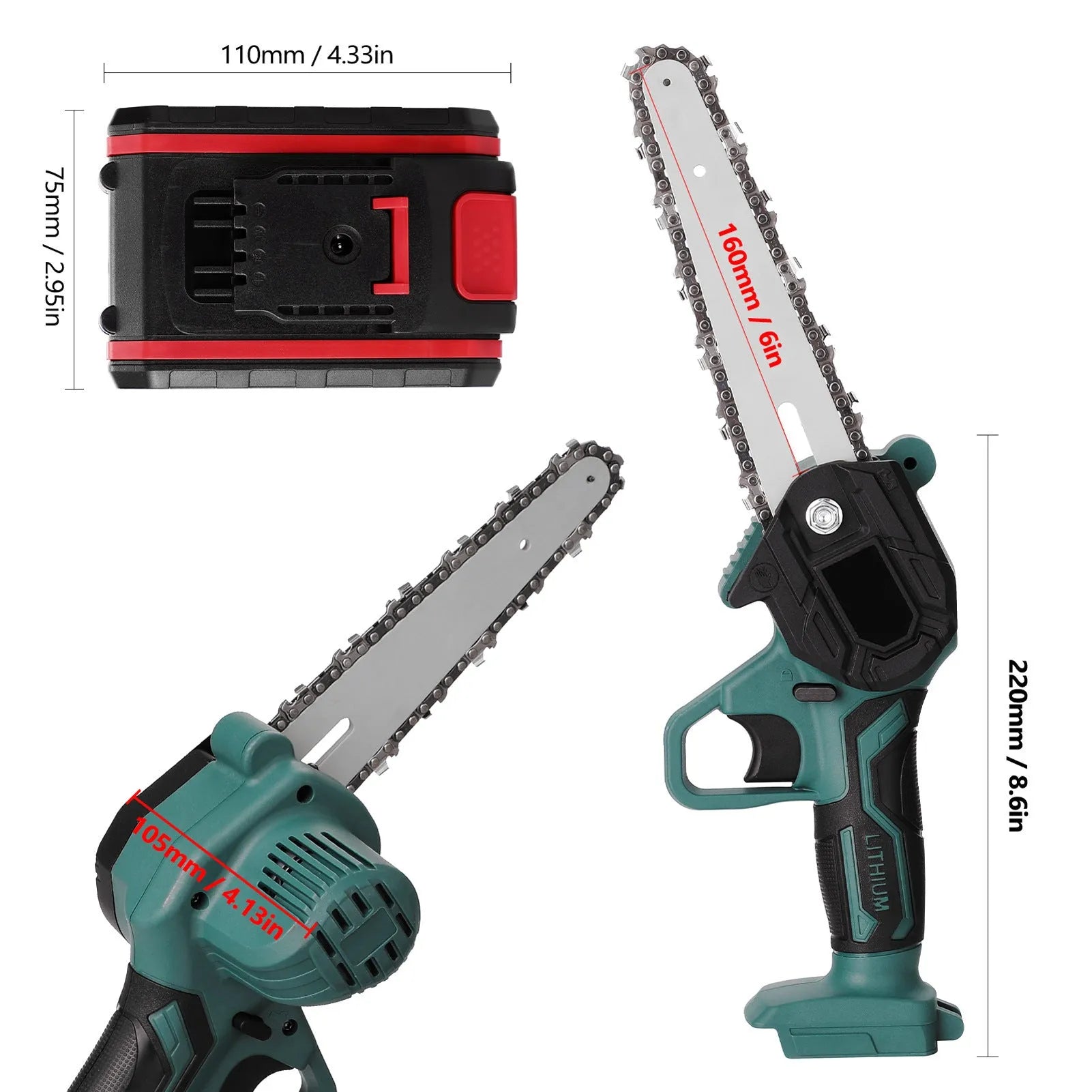 Black one-handed mini electric chainsaw with 4 inch guide bar on a workbench.