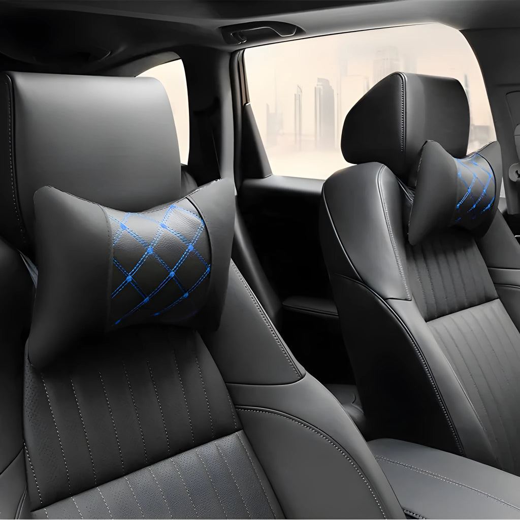 Black quilted diamond pattern car headrest neck pillow with contrasting piping options.