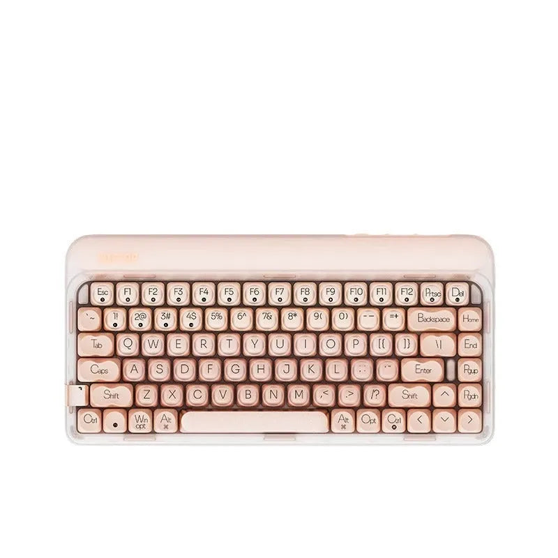 Liquid foundation coloured wireless mechanical keyboard set with mouse, desk lamp, and calculator.