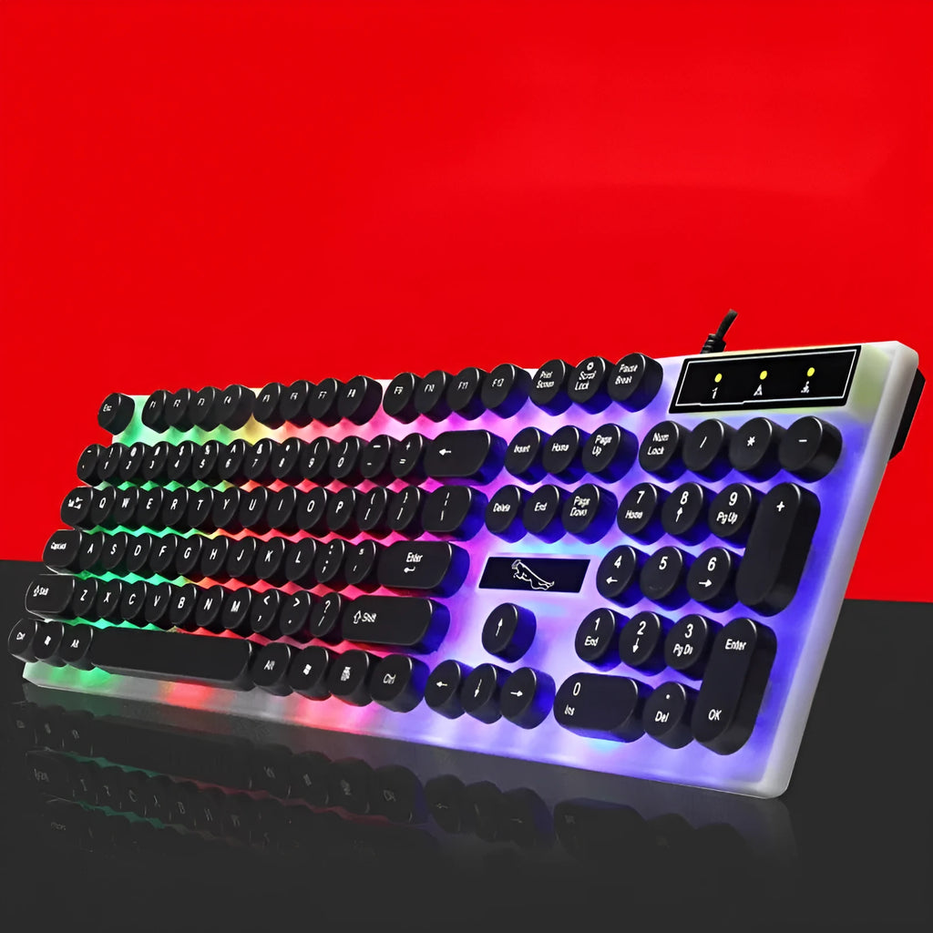 White waterproof mechanical gaming keyboard with RGB backlit keys and USB cable