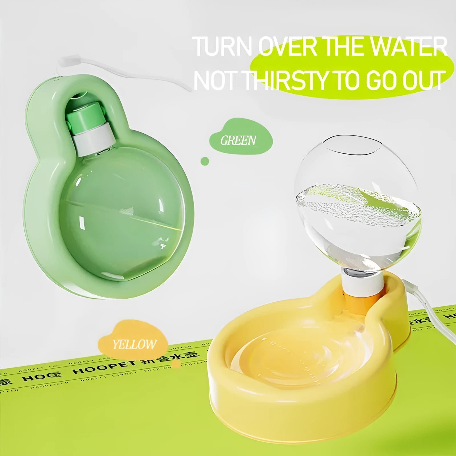 Green portable dog travel water cup with pull-out bowl, showing 500ml capacity and leak-proof design.