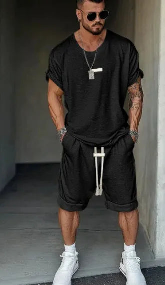 Men's mesh fabric shorts and T-shirt set with letter printing in hip hop style