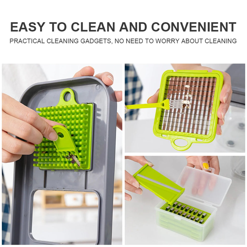 Grey multifunctional vegetable cutter with stainless steel blades, foldable compartments, and water filter basket on a kitchen countertop.