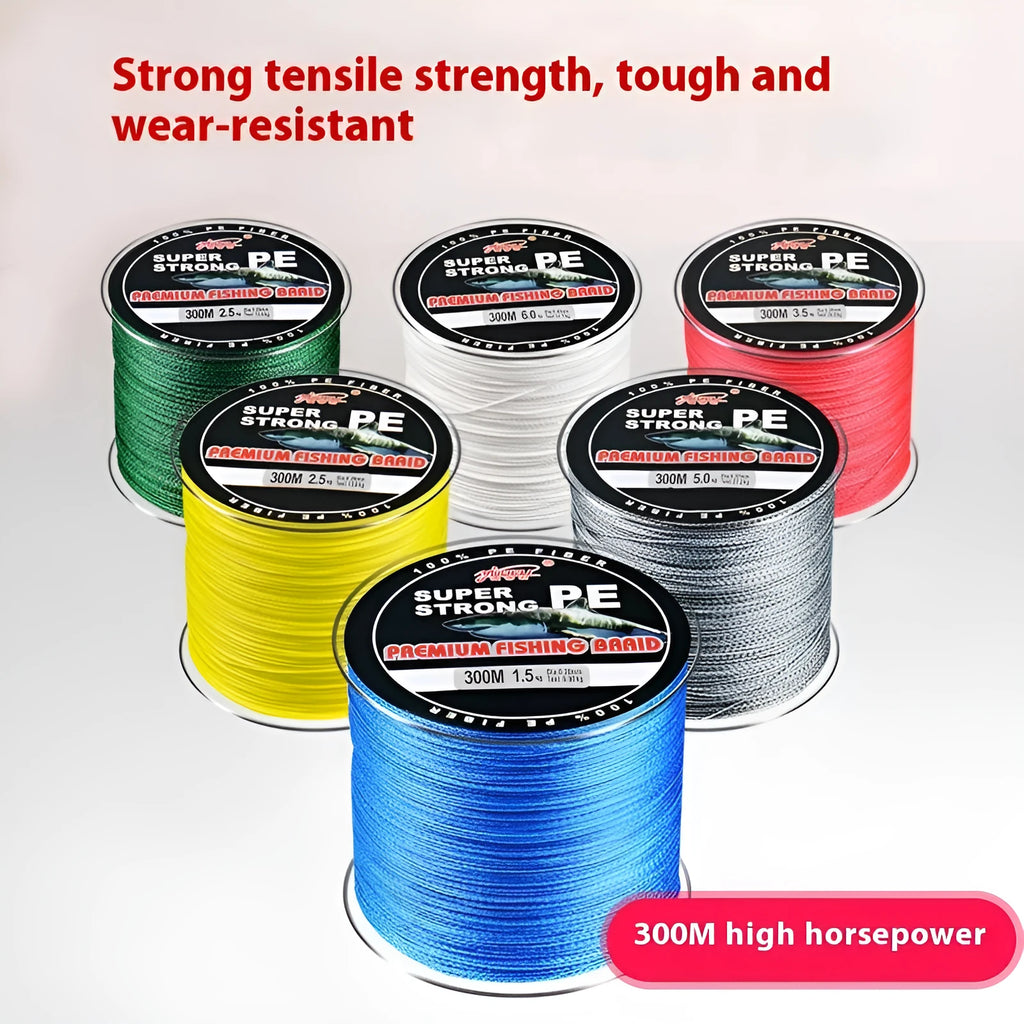 Spool of colour-coded PE fishing line showing multiple colour sections with strength and colour options