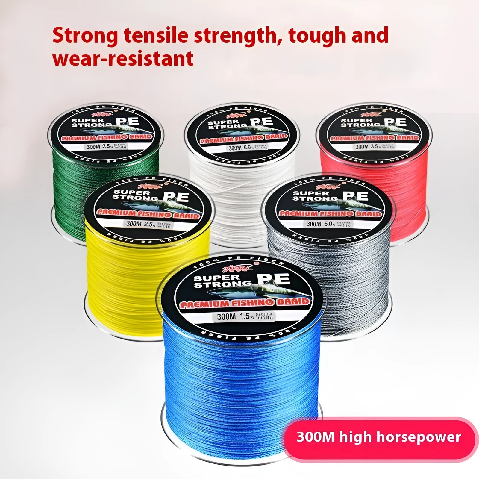Spool of colour-coded PE fishing line showing multiple colour sections with strength and colour options