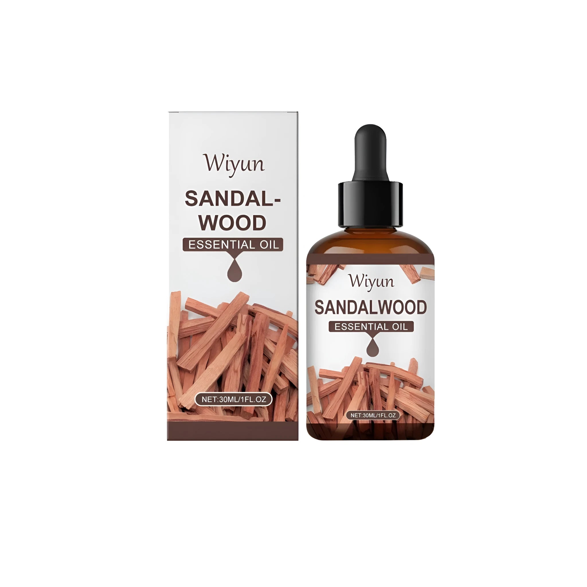 30ml glass bottle of sandalwood essential oil fragrance with dropper.