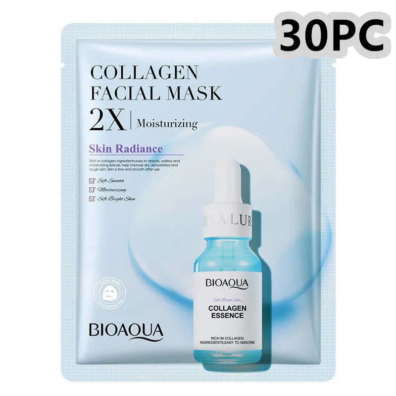 Collagen face sheet mask with 30g gel formula showing hyaluronic acid and Centella Asiatica variants