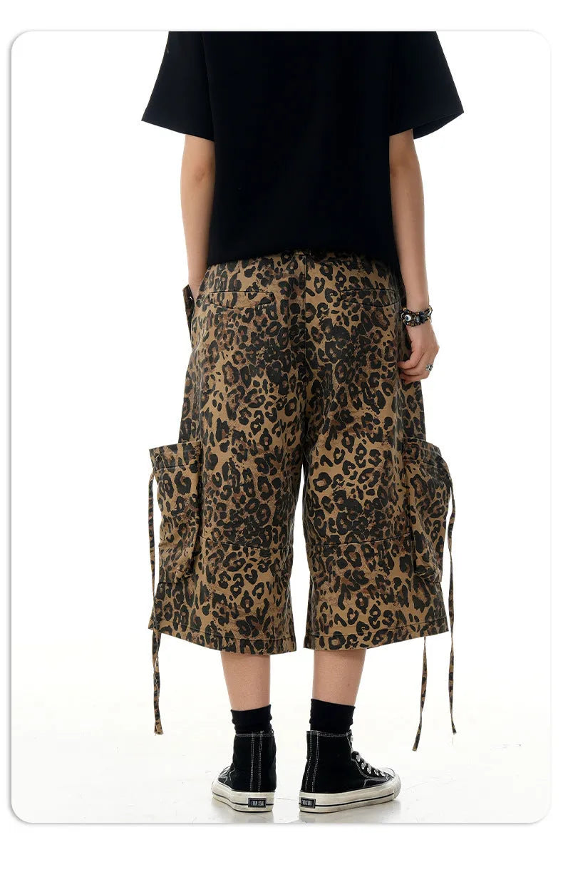 Women's high waist cotton leopard print cropped pants with button front cardigan opening