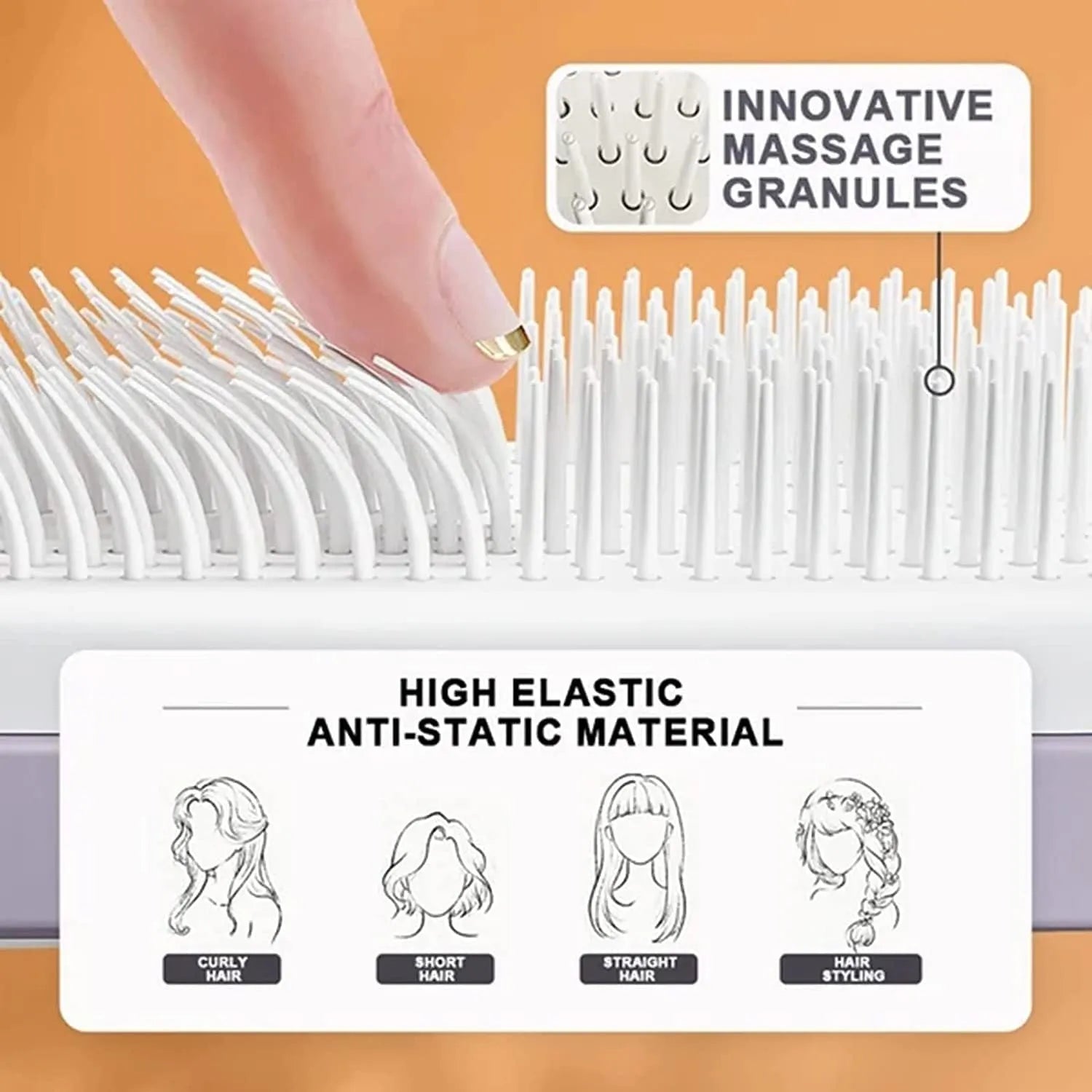 Roland purple self-cleaning hair brush with anti-static teeth and rotating telescopic handle on a white background.