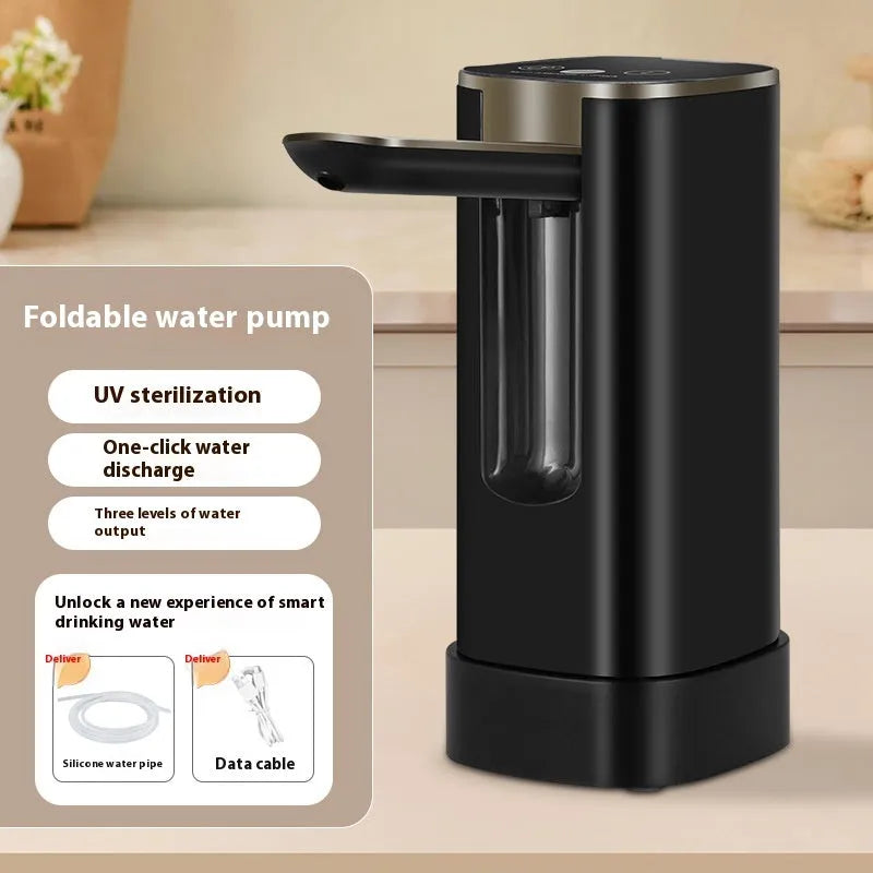 White folding bucket table water dispenser pump with LCD touch screen and silicone tube.