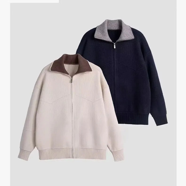 Men's thickened loose knit cardigan in beige, long sleeve, casual style for autumn winter