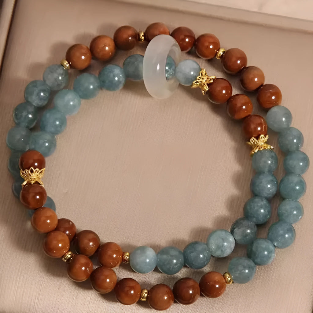 Women's double ring bracelet in cook blue water jade natural crystal electroplated finish