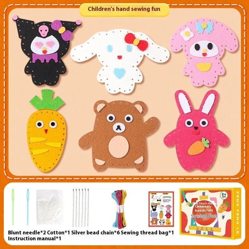 Children's non-woven cloth sewing kit with animal six models, needle, thread, and silver beads in a colour box