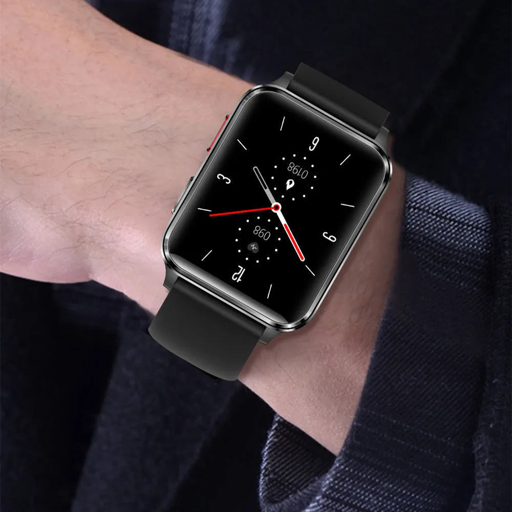 Multi-sport watch with tempered glass touchscreen showing health metrics on display