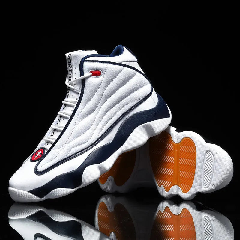 Men's high-top lace-up basketball shoes in AJ13 colourways with mesh upper and rubber sole.
