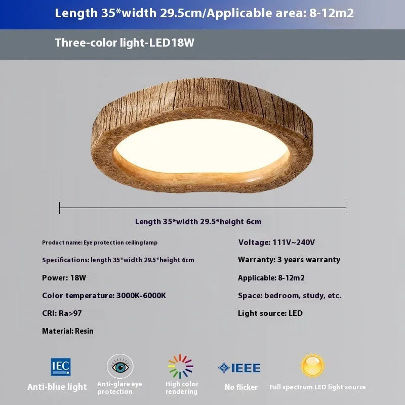 Wood grain finish round ceiling lamp in a new Chinese style design for bedroom lighting.