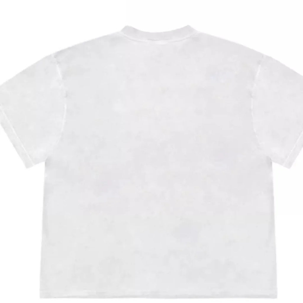 Loose fit blueberry and fruit patchwork print short sleeve T-shirt on hanger