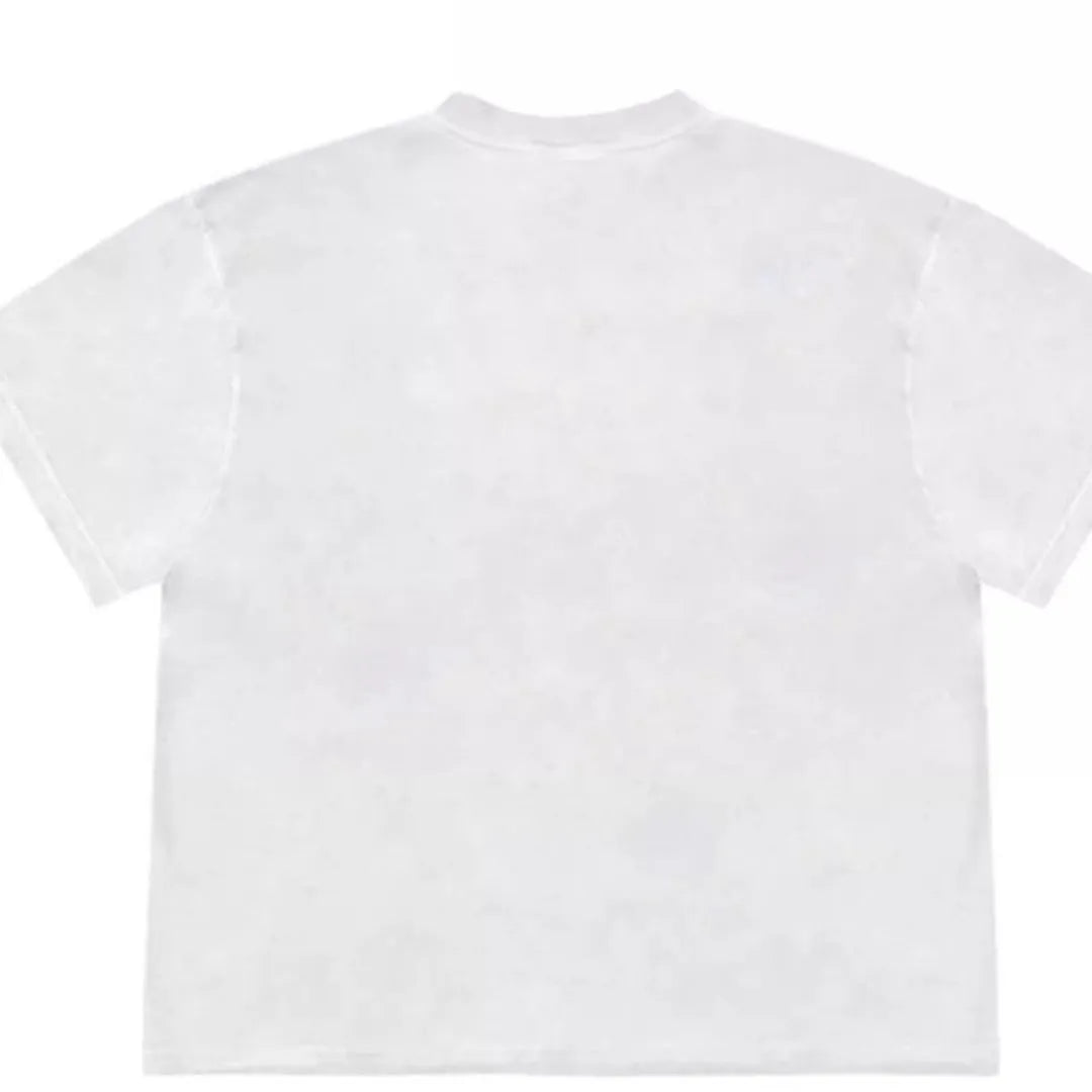 Loose fit blueberry and fruit patchwork print short sleeve T-shirt on hanger