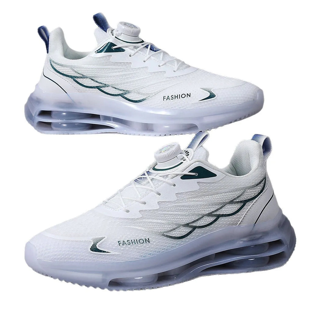 White men's casual running shoes with a rotating button closure and mesh upper on a flat rubber sole.