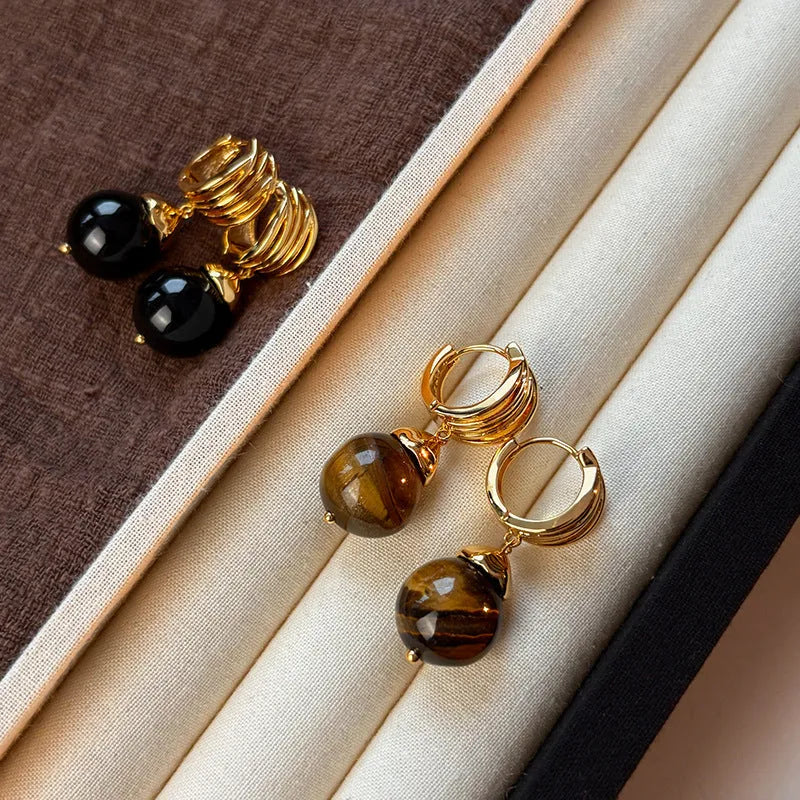 Gold plated tiger's eye geometric earrings in French retro style