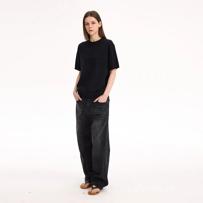 Fanio short-sleeved velvet T-shirt in black, milky white, or grey colour, showing front design and fabric texture.