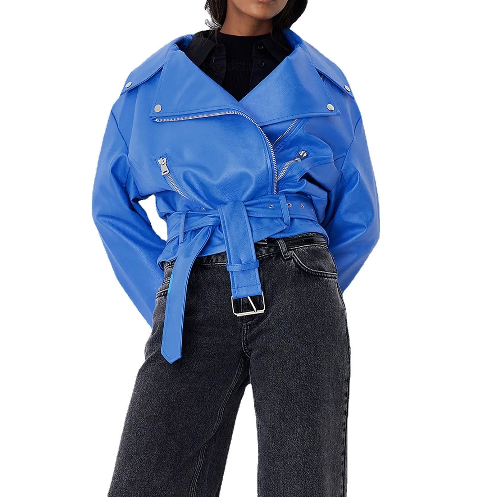 Black punk-style cropped jacket with a Peter Pan collar and a detachable waist belt on a hanger.