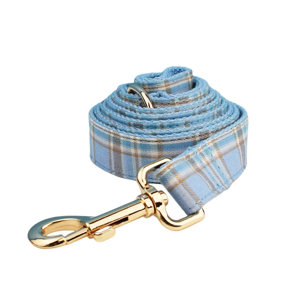 Sky blue grid pattern dog collar and leash set with matching vest and decorative bow