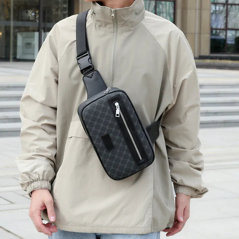 Men's black PU leather crossbody shoulder bag with printed chest design featuring windmill pattern detail