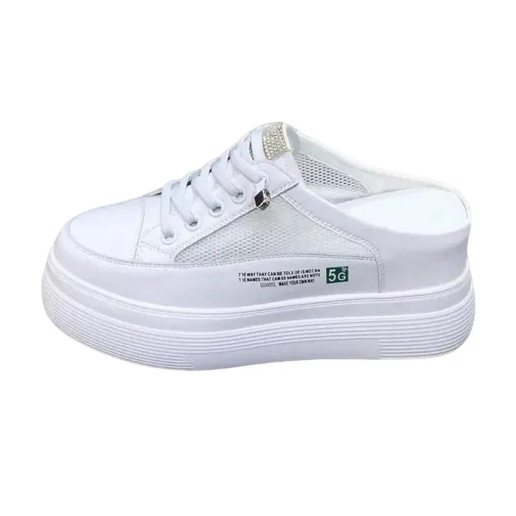 White women's platform shoes with mesh surface design and round toe