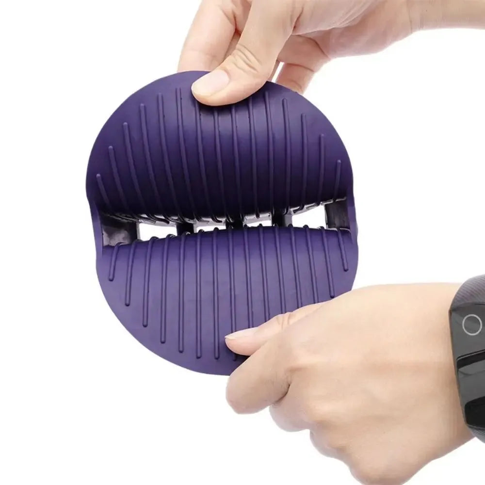 Purple dual-sided pet shampoo massage brush with soft TPR bristles and ergonomic handle