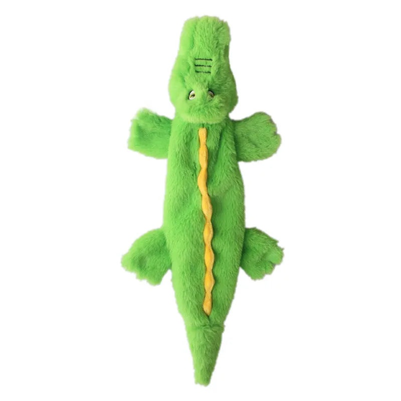 Green plush crocodile dog toy with no stuffing, squeaker in head, crinkle paper in tail, for aggressive chewers